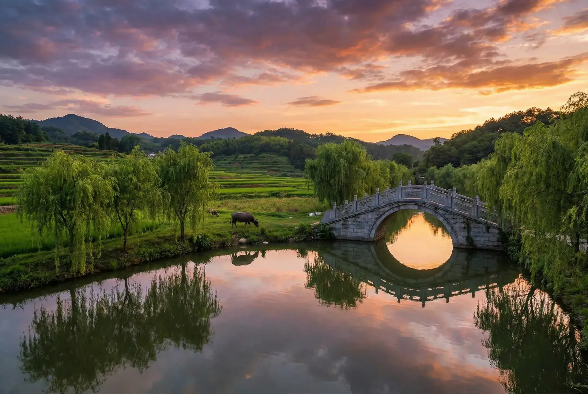 夕阳下的石拱桥与垂柳，水牛在河边吃草 - 索尼cs36 乡村美景